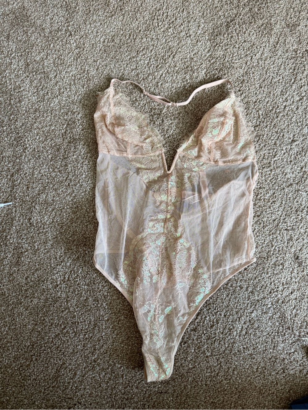 Victoria's Secret Sheer Lace Bodysuit in Blush